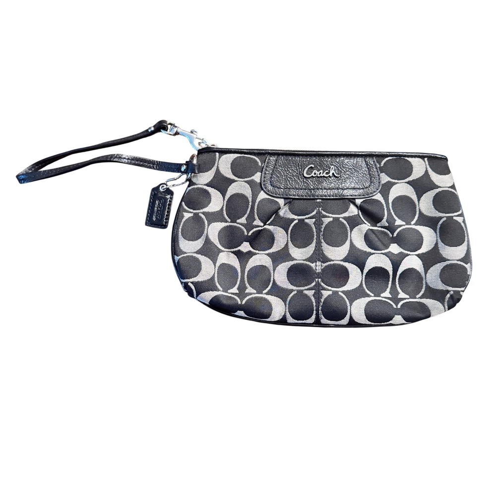 Coach Signature C Monogram Wristlet Pouch Black Gray‎ Leather Trim